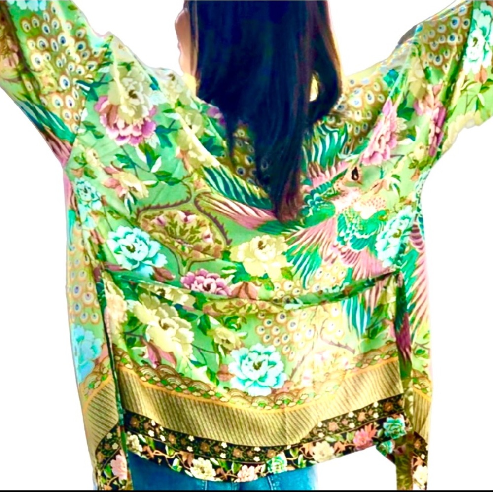 LAST - Sage and Pink Floral Peacock Belted Kimono / Cardi
